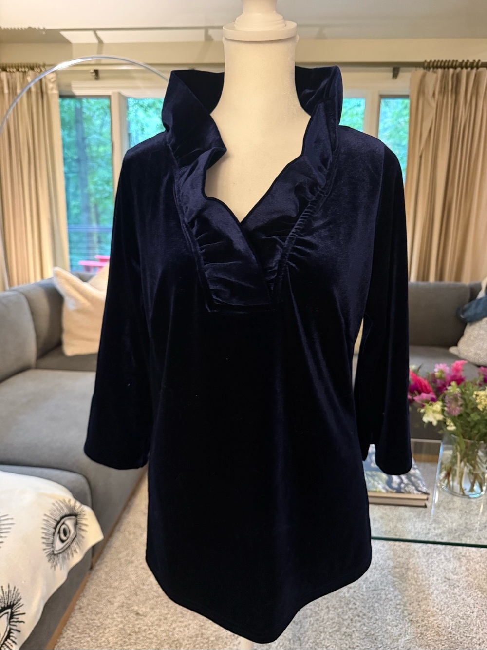 Gretchen Scott Designs Velvet Ruffle V-Neck Top - Navy
